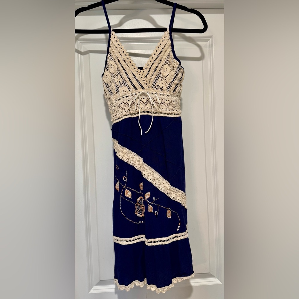 Boho Navy and Cream Crochet Dress with Embroidery Detail XS/S
